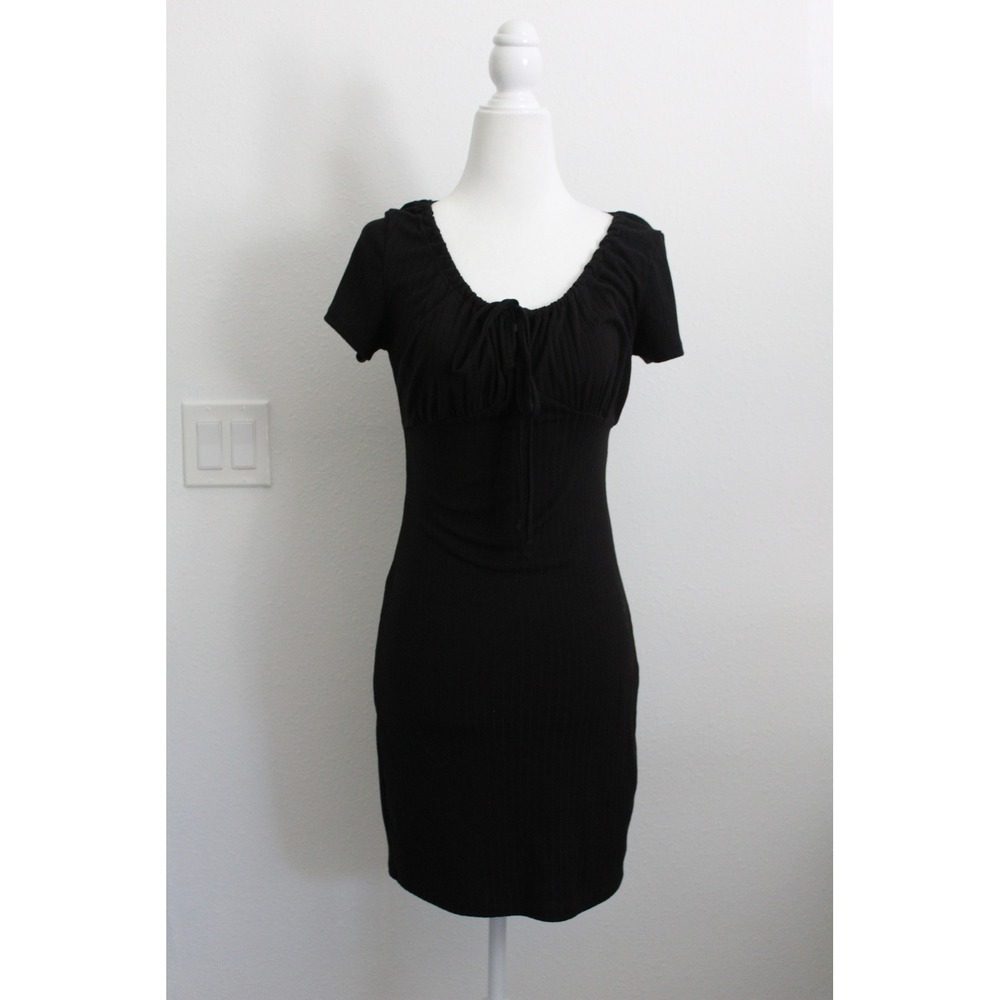 Livi by‎ Olivia Rae Black Ribbed Milkmaid Mini Dress Short Sleeve Tie Front XS